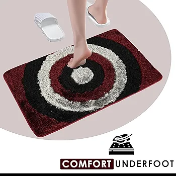 Pack of 2 Anti-Slip Bathroom Mats ? Furry Polyester Door Mats for Home Entrance, Kitchen & Bathroom (Grey & Maroon, 61?41 cm)