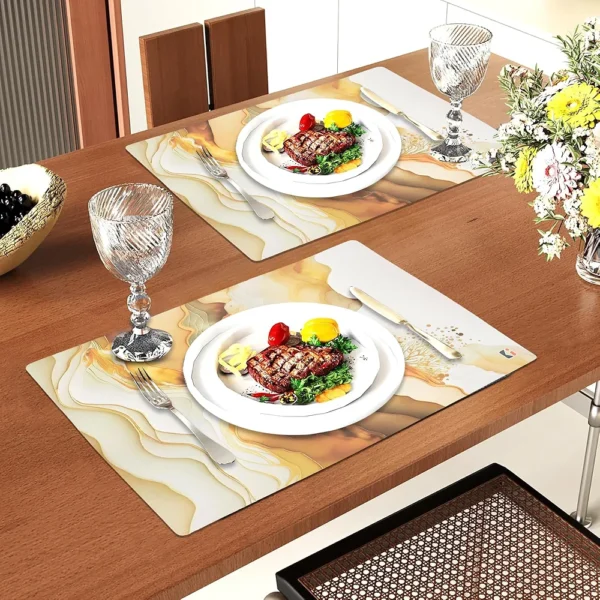 12-Piece Wipeable & Reusable PVC Placemats | Marble Print Cream & Gold | Dining Table Food Mats for Home, Bedroom & Kitchen
