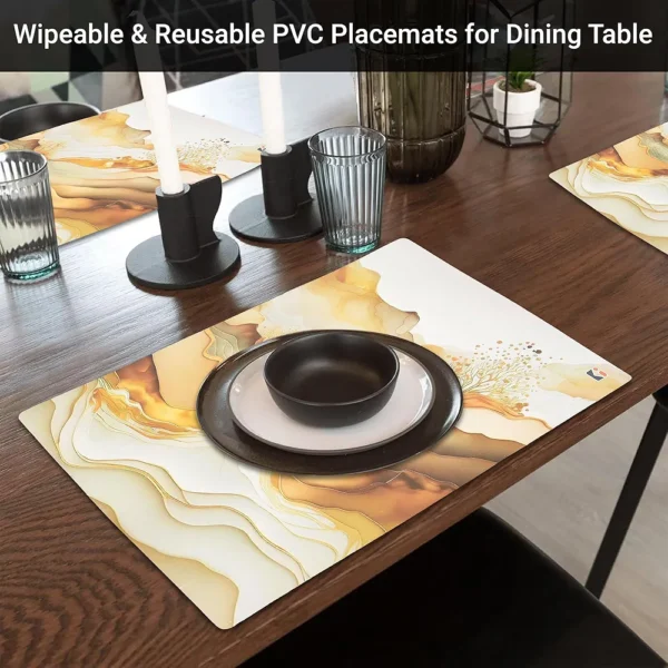 12-Piece Wipeable & Reusable PVC Placemats | Marble Print Cream & Gold | Dining Table Food Mats for Home, Bedroom & Kitchen
