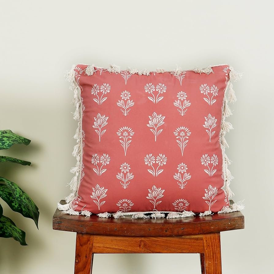 Square Cushion Cover 16x16 Inches ? Tulip Rust | Nature Theme with Elegant Frilled Design