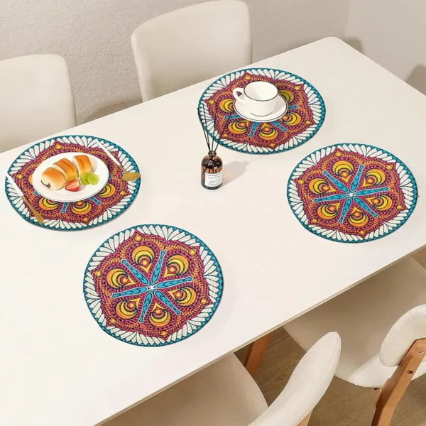 4-Piece Round Printed Placemat Set | Heat-Resistant Table Mats for Dining & Coffee Table | Vibrant Mandala Design | 36x36 cm