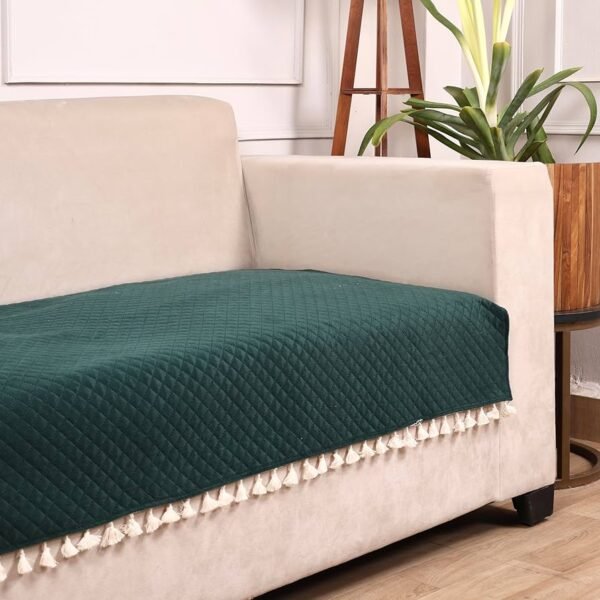 Green Quilted Velvet Sofa Cover – Washable, Tassels, Luxurious & Comfortable