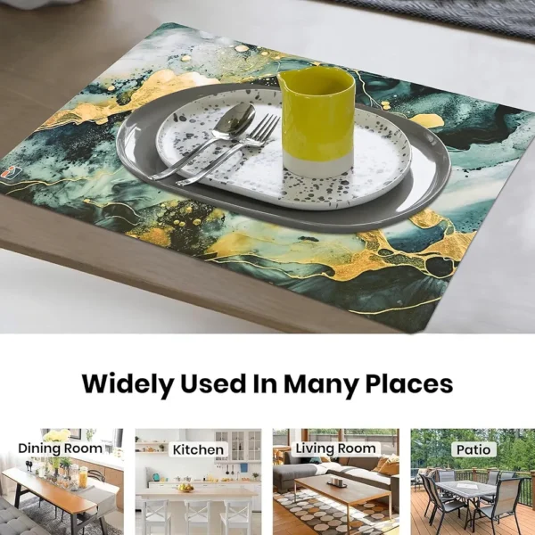 12-Piece Wipeable & Reusable PVC Placemats | Marble Print Sea Green & Yellow | Dining Table Food Mats for Home & Kitchen