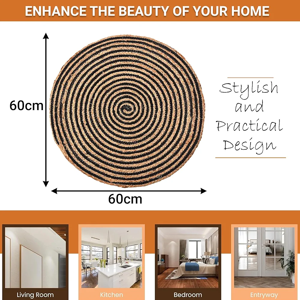 Pack of 3 Handwoven Jute Door Mats ? 2x2 ft Round Spiral Floor Mats for Home Entrance, Living Room, Bedroom & Office D?cor (Black & Brown)