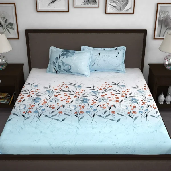240 TC Cotton Bedsheet for King Size Bed – Sky Blue Floral Print | 1 Bedsheet with 2 King Pillow Covers (270 x 270 cm) | Soft & Durable