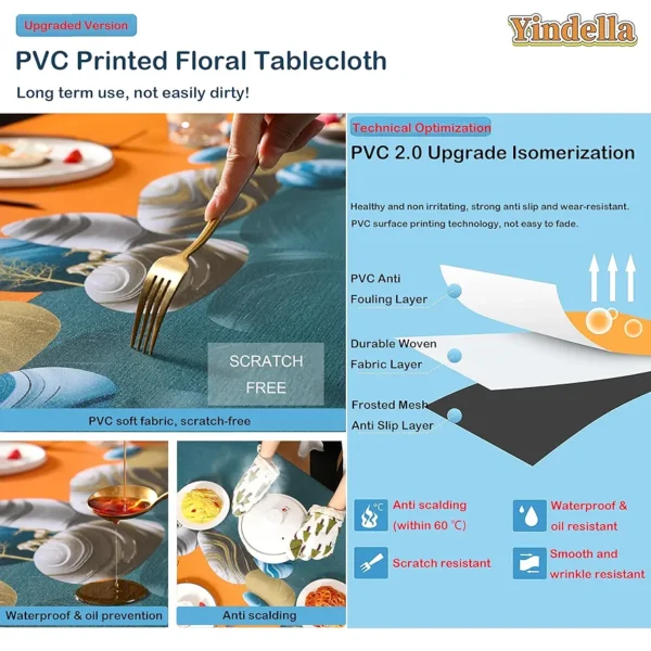 PVC Dining Tablecloth Cover – Waterproof, Oil-Resistant Rectangular Table Cloth with Clear Floral Print for 6–8 Seaters (140×220 cm, Stone Grey)