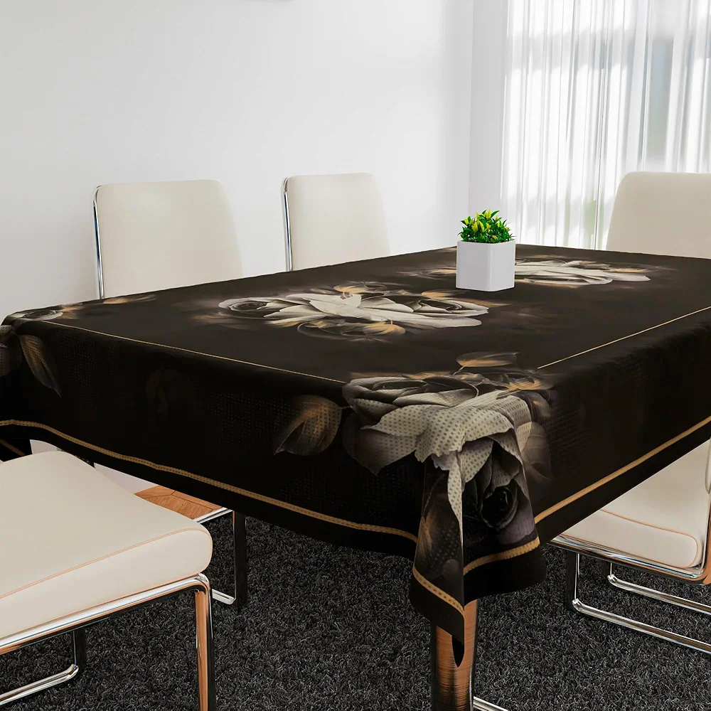 Rectangular Cotton Dining Table Cover | 6-Seater Table Cloth | Gulab Painting Design | Elegant Table Linen | 60x90 Inch (Brown)