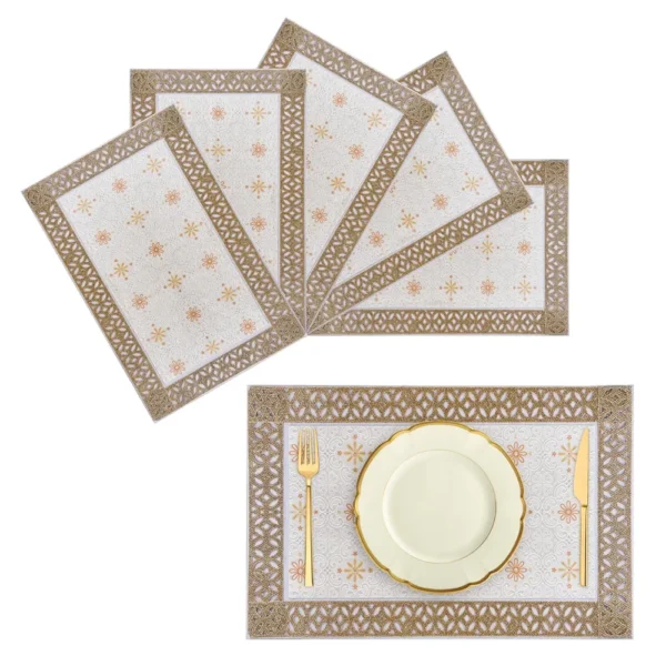 6-Piece Dining Table Placemat Set | Flower Maiva Design | PVC Table Mats for Kitchen & Dining | Cream | 44x30 cm