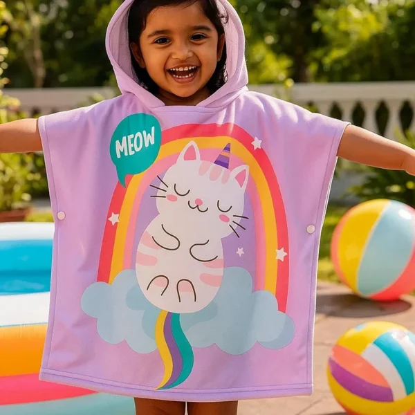 Poncho Towel for Kids | Hooded Micro-Fiber Bath Towels | 60 x 60cm Toddler Pool Towel for Boys & Girls, 1-7 Years (Purple Cat)