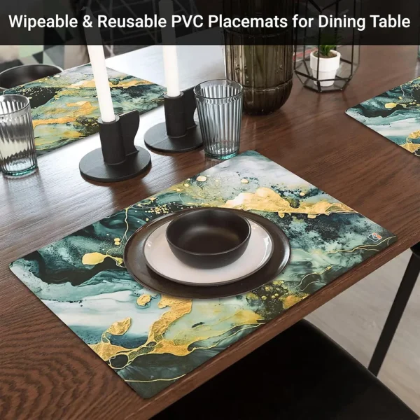 12-Piece Wipeable & Reusable PVC Placemats | Marble Print Sea Green & Yellow | Dining Table Food Mats for Home & Kitchen