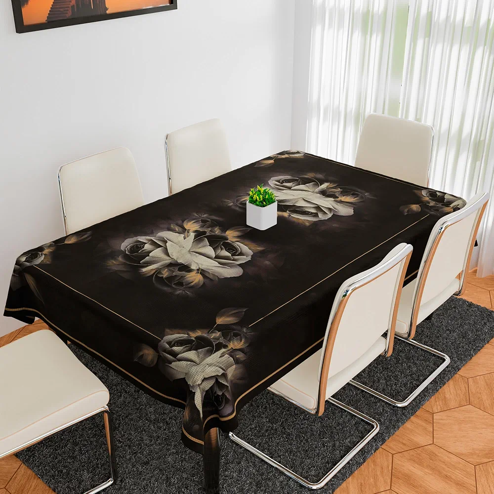 Rectangular Cotton Dining Table Cover | 6-Seater Table Cloth | Gulab Painting Design | Elegant Table Linen | 60x90 Inch (Brown)