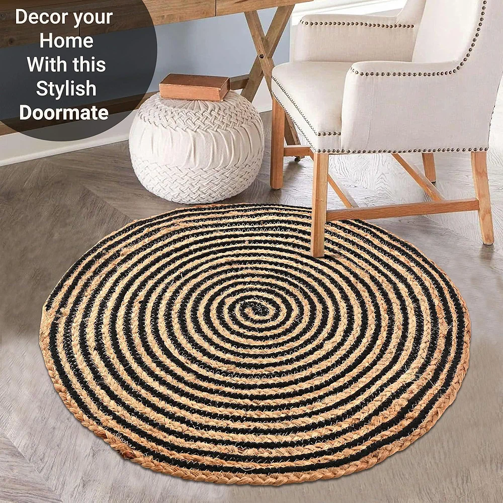 Pack of 3 Handwoven Jute Door Mats ? 2x2 ft Round Spiral Floor Mats for Home Entrance, Living Room, Bedroom & Office D?cor (Black & Brown)