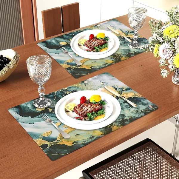 12-Piece Wipeable & Reusable PVC Placemats | Marble Print Sea Green & Yellow | Dining Table Food Mats for Home & Kitchen