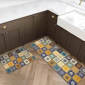 Set of 2 Non-Slip Rubber Kitchen Floor Mats ? Water Absorbent, Cushioned Comfort Rugs for Kitchen, Office, Sink & Laundry, Retro Tile Multi