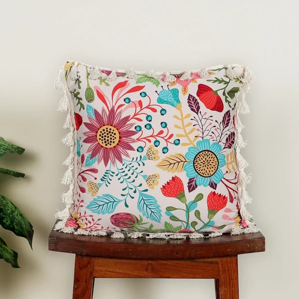 Cotton Blend Cushion Cover 16x16 Inches – Sun Garden | Bohemian Style with Elegant Frilled Design
