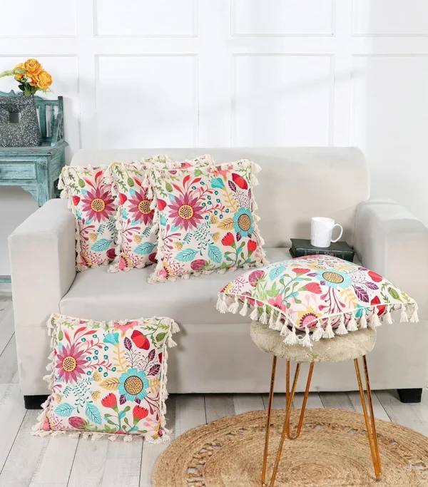 Cotton Blend Cushion Cover 16x16 Inches – Sun Garden | Bohemian Style with Elegant Frilled Design