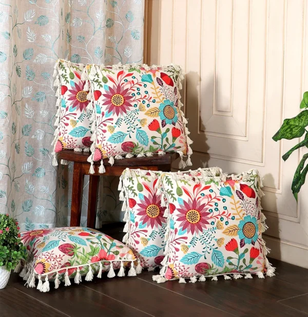 Cotton Blend Cushion Cover 16x16 Inches – Sun Garden | Bohemian Style with Elegant Frilled Design