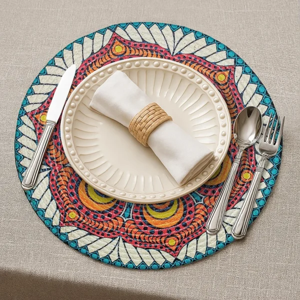 4-Piece Round Printed Placemat Set | Heat-Resistant Table Mats for Dining & Coffee Table | Vibrant Mandala Design | 36x36 cm