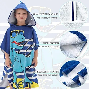 Poncho Hooded Towel for Kids – 60 x 60 cm (Blue Dino)