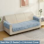 Premium Faux Rabbit Fur Anti-Slip 3 Seater Sofa Mat with 2 Armrest Covers ? Charm Blue
