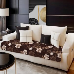 Premium Quilted Velvet Sofa Cover Mat | Floral Couch Seat Runner for 5-Seater Sofa (Coffee Brown Flower)