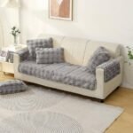 Luxury Faux Rabbit Fur Anti-Slip Sofa Seat Mat ? 2 Seater with 2 Arm Covers (Cool Grey)